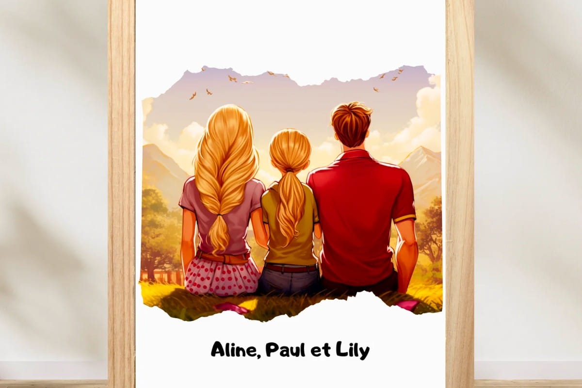 Affiche personnalisée Famille de 3 (papa, maman, fillette blonde)